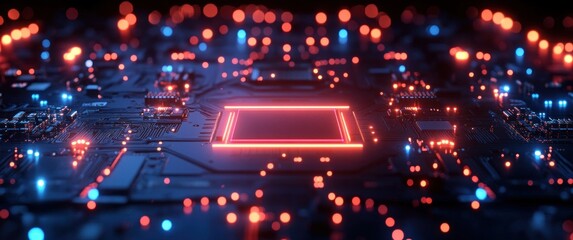 Fototapete - Futuristic Circuit Board Server Design with Cyberpunk Elements in Red and Blue Lighting