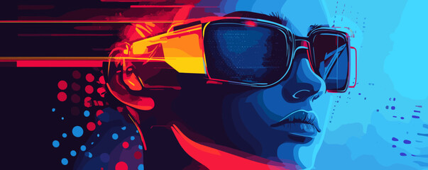 Aufkleber - Futuristic portrait of woman wearing stylish sunglasses in neon colors – vector.