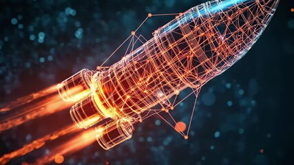 Poster - Digital holographic rocket flying through a connected space environment with vibrant energy trails, 3d digital holographic rocket flying with connection line