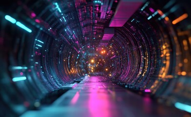 Poster - Futuristic Cyberpunk Tunnel with Neon Lighting and Geometric Shapes in Quantum Cyberspace