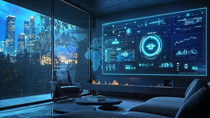 Poster - Modern smart home interior showcasing innovative technology and urban cityscape view