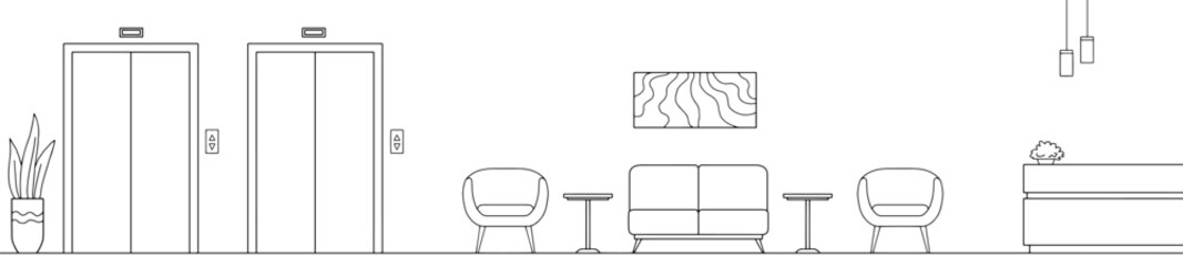 Fototapete - Hotel lobby reception interior graphic black white sketch long illustration vector 