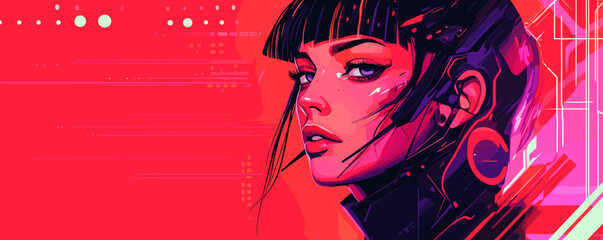 Poster - Futuristic cyberpunk portrait of a woman with tech details and neon digital aesthetic – vector.