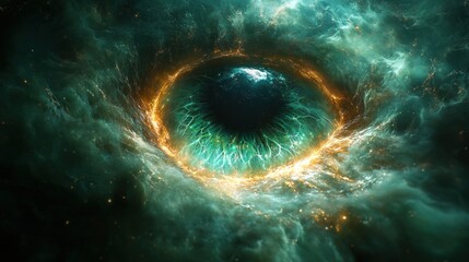 Poster - Ethereal Eye Cosmic Surveillance Technology in Dark Green Veil with Bioluminescent Tendrils