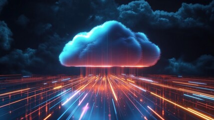 Poster - Futuristic Digital Cloud Emitting Data Streams in Cyberpunk Style with Neon Colors and Dramatic Lighting
