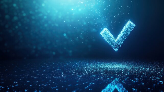 Digital checkmark in futuristic neon blue background for technology concept design. Survey answer quality checklist