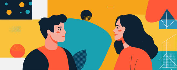 Poster - Colorful abstract art of two people in conversation with geometric shapes - vector.