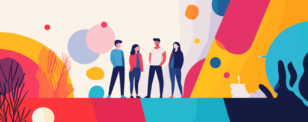 Poster - Diverse group of people in colorful abstract landscape design vector.
