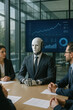 © JulieMeneghin - Robot humanoïde en costume participant à une réunion d'affaires avec des humains dans une salle de conférence moderne, intelligence artificielle en entreprise