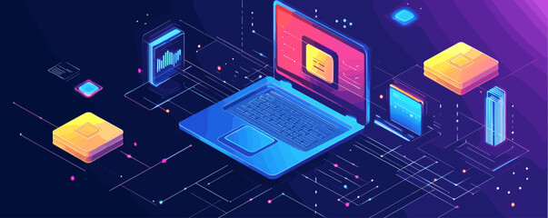 Leinwandbilder - Futuristic digital workspace with laptop and data elements on abstract background - vector.