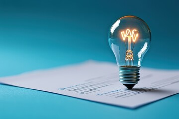Poster - business report featuring a light bulb representing innovative ideas on a blue background, business 