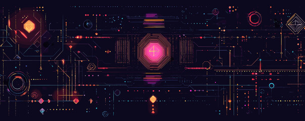 Leinwandbilder - Futuristic circuit board with neon colors and geometric patterns, dark background - vector.