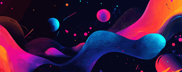 Poster - Abstract cosmic waves and planets in vibrant neon colors on dark background vector.