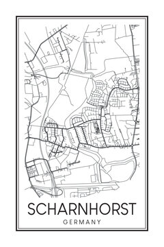 Hand drawn printable downtown road map poster of borough SCHARNHORST of the German city of DORTMUND on solid white background with city name
