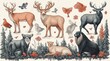 © zong - North American Wildlife Illustrations Grizzly Bear Porcupine Cougar Raccoon Reindeer Skunk Antelope Bison Coyote Vintage Engraving