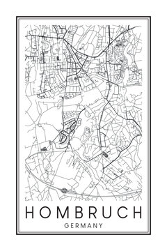 Hand drawn printable downtown road map poster of borough HOMBRUCH of the German city of DORTMUND on solid white background with city name