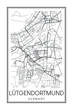 Hand drawn printable downtown road map poster of borough LÜTGENDORTMUND of the German city of DORTMUND on solid white background with city name