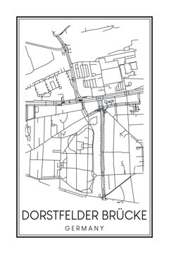 Hand drawn printable downtown road map poster of borough DORSTFELDER BRÜCKE of the German city of DORTMUND on solid white background with city name