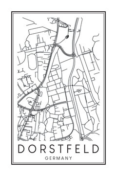 Hand drawn printable downtown road map poster of borough DORSTFELD of the German city of DORTMUND on solid white background with city name