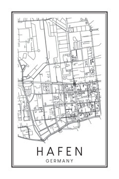 Hand drawn printable downtown road map poster of borough HAFEN of the German city of DORTMUND on solid white background with city name
