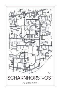 Hand drawn printable downtown road map poster of borough SCHARNHORST-OST of the German city of DORTMUND on solid white background with city name