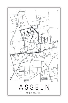 Hand drawn printable downtown road map poster of borough ASSELN of the German city of DORTMUND on solid white background with city name