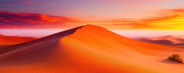 Poster - Desert dunes sunset serene landscape with vibrant horizon and soft fog concept. Stunning sunset over golden sand dunes in a tranquil desert.