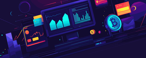 Aufkleber - Digital cryptocurrency trading dashboards with bitcoin icon on screens - vector.
