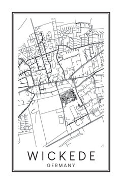 Hand drawn printable downtown road map poster of borough WICKEDE of the German city of DORTMUND on solid white background with city name