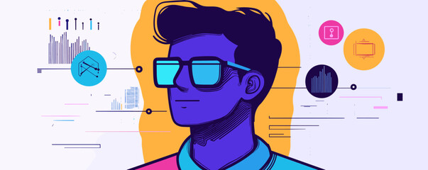Poster - Futuristic digital portrait of a young man in sunglasses with data elements, abstract style - vector.