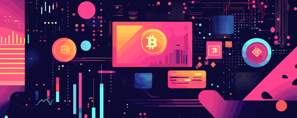 Poster - Futuristic cryptocurrency interface with digital screens and charts in cyberpunk style - vector.