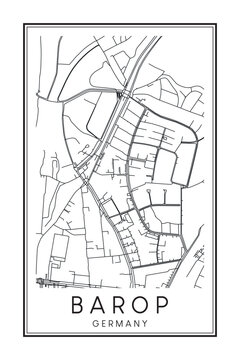 Hand drawn printable downtown road map poster of borough BAROP of the German city of DORTMUND on solid white background with city name