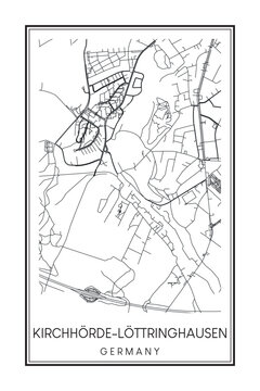 Hand drawn printable downtown road map poster of borough KIRCHHÖRDE-LÖTTRINGHAUSEN of the German city of DORTMUND on solid white background with city name