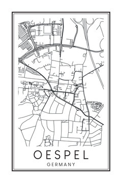 Hand drawn printable downtown road map poster of borough OESPEL of the German city of DORTMUND on solid white background with city name