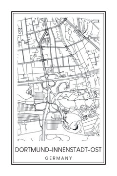 Hand drawn printable downtown road map poster of borough INNENSTADT-OST of the German city of DORTMUND on solid white background with city name
