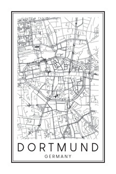 Hand drawn printable downtown road map poster of the German city of DORTMUND on solid white background with city name