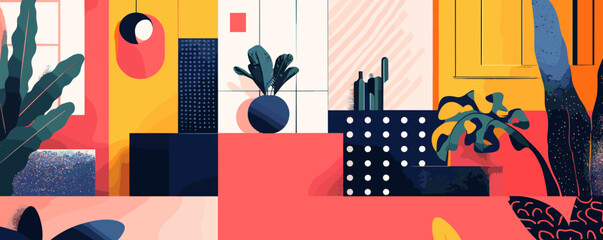 Poster - Abstract modern geometric art with plants and bold colors - vector.