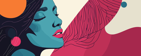Poster - Abstract portrait of blue-skinned woman with colorful geometric elements - vector.