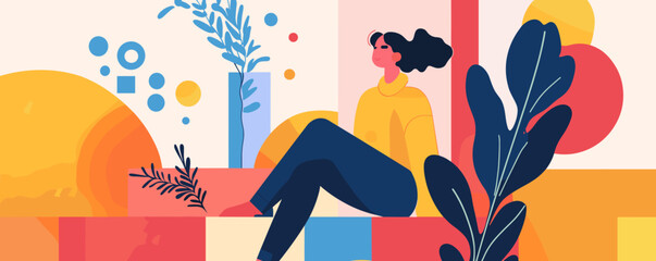 Poster - Abstract woman sitting amid colorful geometric shapes and plants vector.