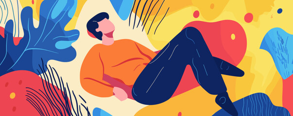 Poster - Abstract artistic composition featuring relaxed individual amidst colorful shapes and patterns - vector.
