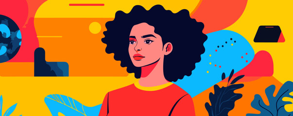 Poster - Vibrant abstract portrait of a woman with curly hair in colorful background vector.