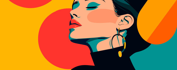 Poster - Colorful modern woman portrait with bold style and geometric background, vector.