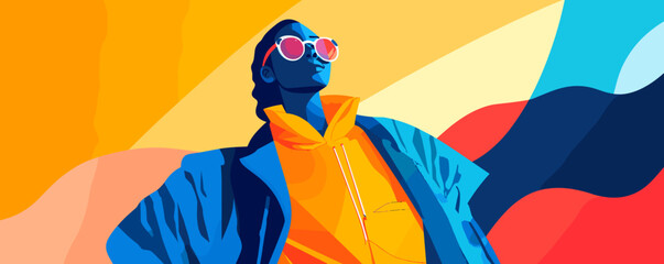 Poster - Stylish man with sunglasses, vibrant abstract background, modern pop art vector.