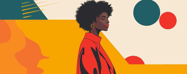 Poster - Stylish abstract portrait of woman with afro hair, geometric shapes, and bold colors - vector.