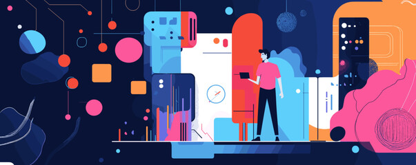 Poster - Futuristic technology concept with man interacting with abstract design elements vector.
