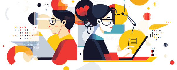 Poster - Abstract creative collaboration concept with modern geometric shapes and two professionals - vector.