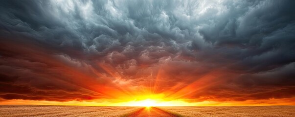 Poster - Dark clouds sunset horizon with fiery clouds and glowing sky concept. Stunning sunset over vast horizon with dramatic thunderclouds.