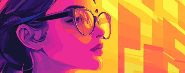 Poster - Vibrant woman in glasses with abstract background, pop art style - vector.