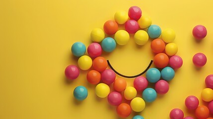 Poster - Colorful balls forming a smiley face on a yellow background. The balls are pink, blue, orange, and yellow. The smiley face has a black outline.