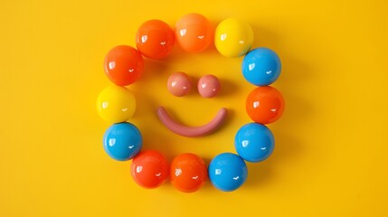 Poster - Colorful balls arranged in a circle on a yellow background. The balls are of different colors, including red, orange, yellow, green, blue, and purple.